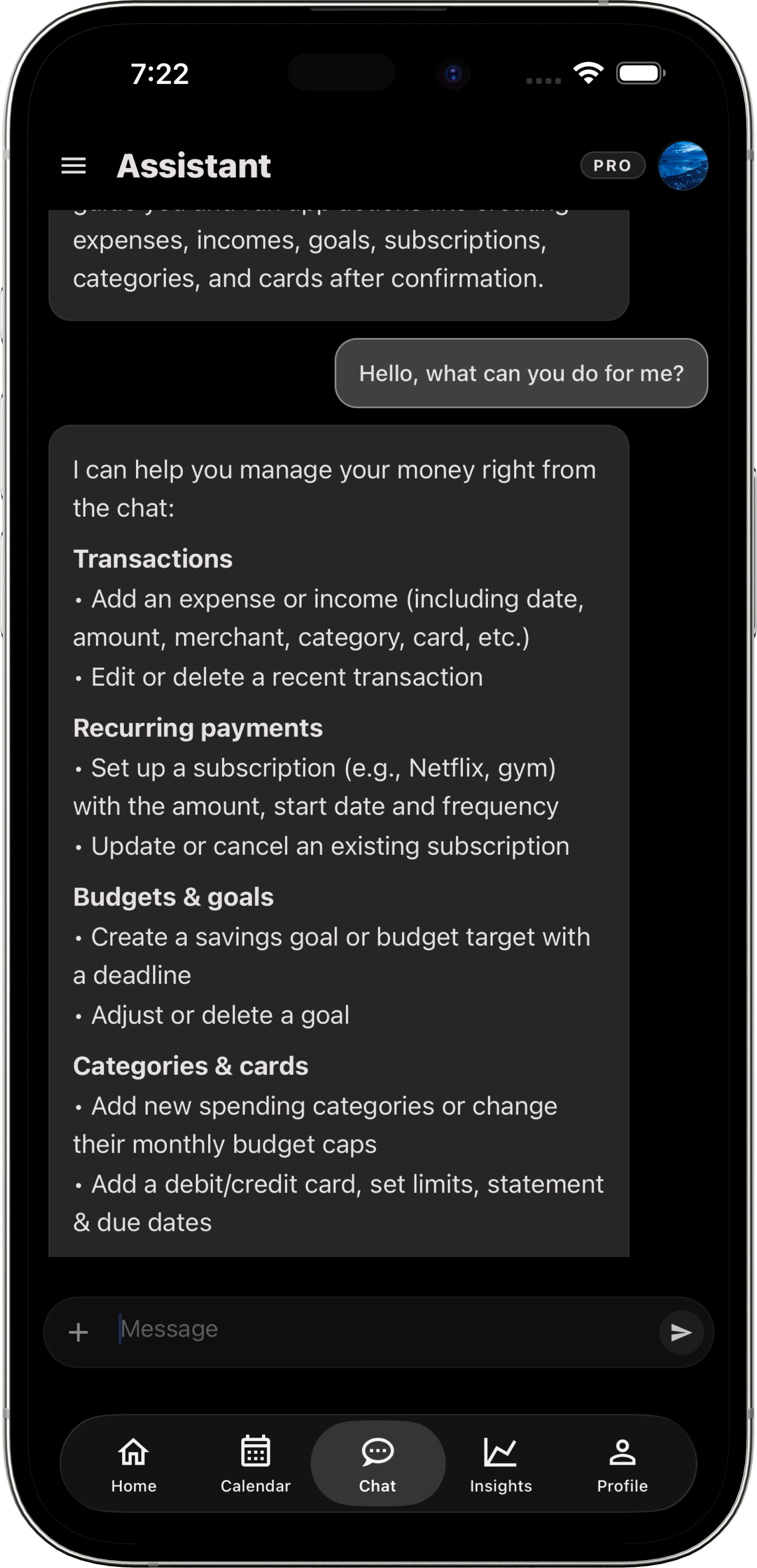SuertStash assistant chat screen explaining money management actions.