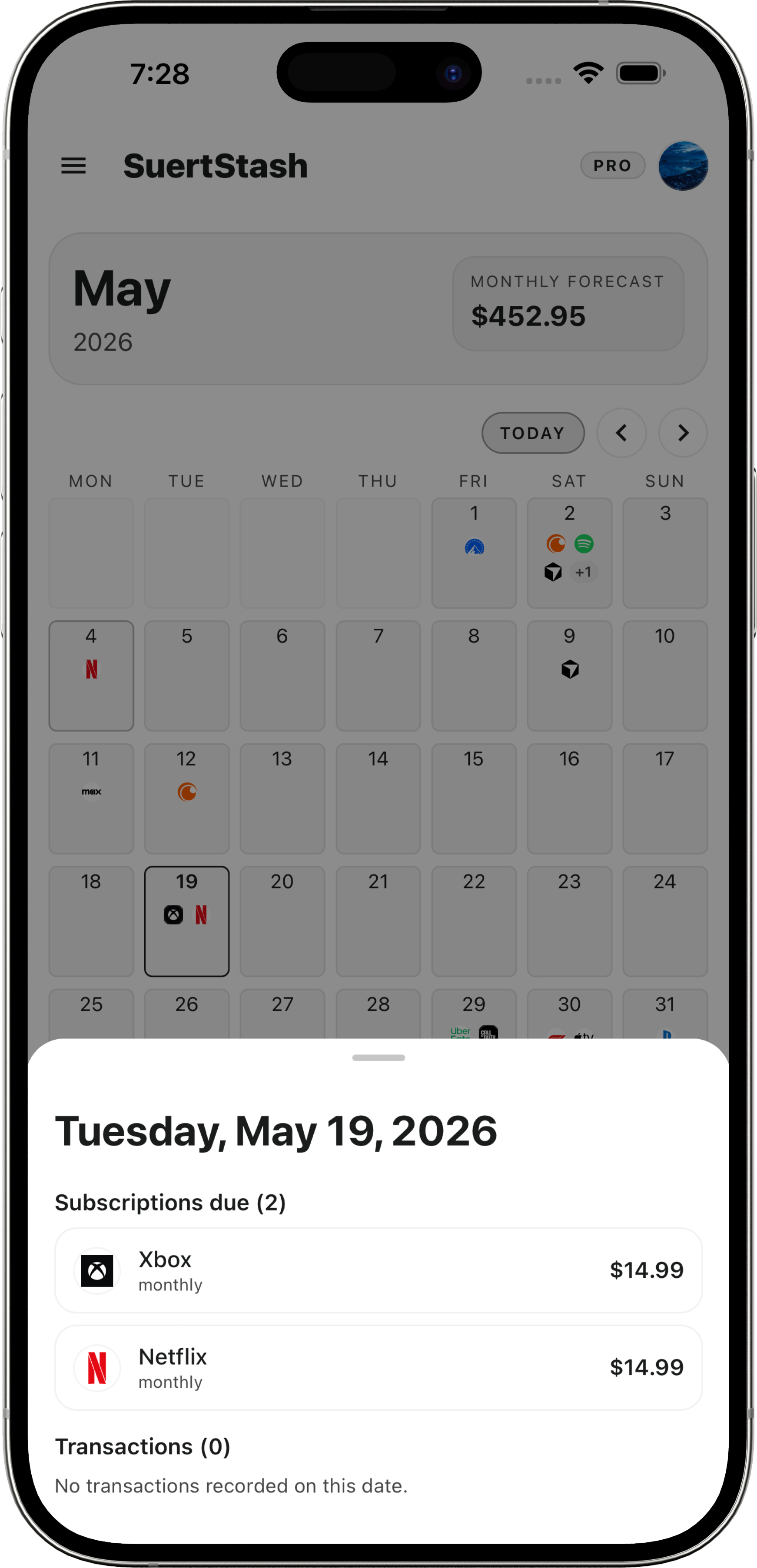 SuertStash calendar screen with subscription details sheet.