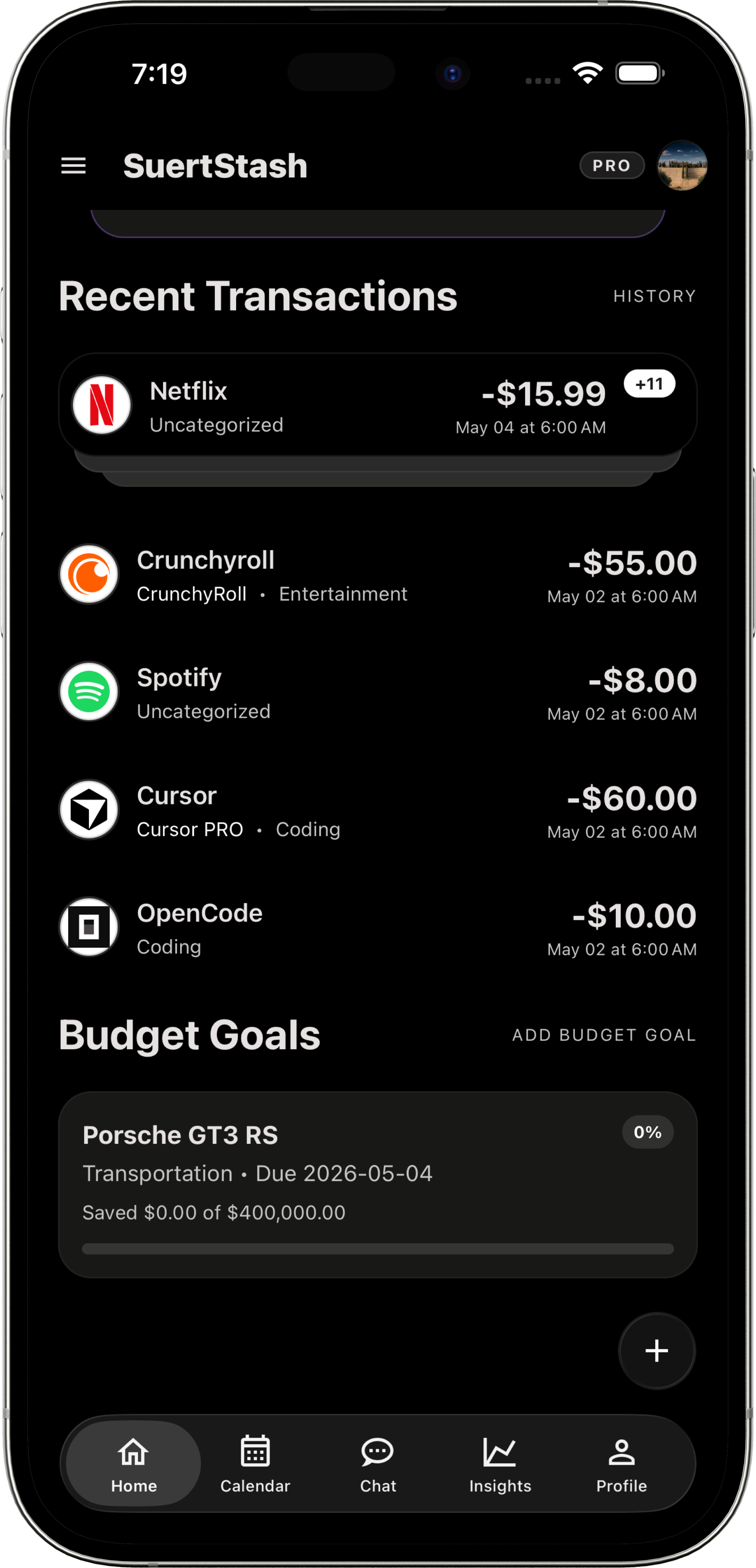 SuertStash recent transactions and budget goals screen.
