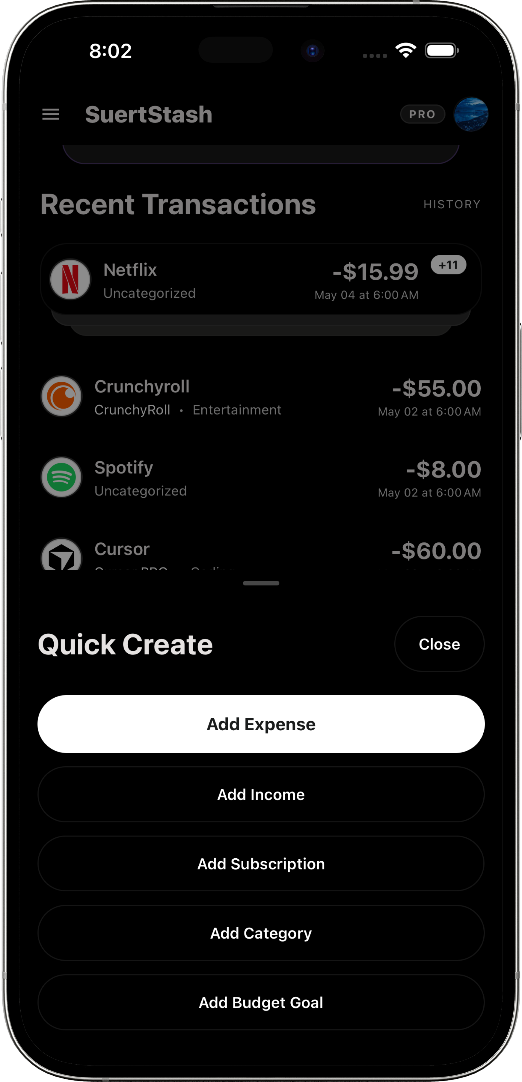 SuertStash Quick Create sheet with options to add expenses, income, subscriptions, categories, and budget goals.